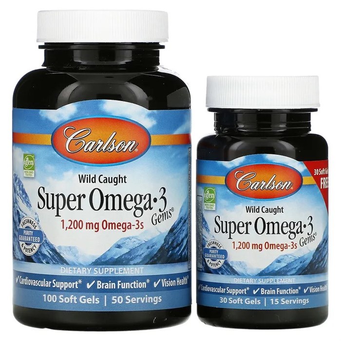 Carlson, Super Omega-3 Gems, высокоэффективные омега-3 кислоты из рыбы дикого улова, 1200 мг, 100 + 30 капсул (600 мг в 1 капсуле) CAR-01524 - фото 4882