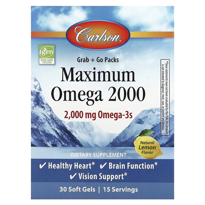 Carlson, Maximum Omega 2000, омега с натуральным лимонным вкусом, 2000 мг, 30 капсул (1000 мг в 1 капсуле) CAR-60020 - фото 6385